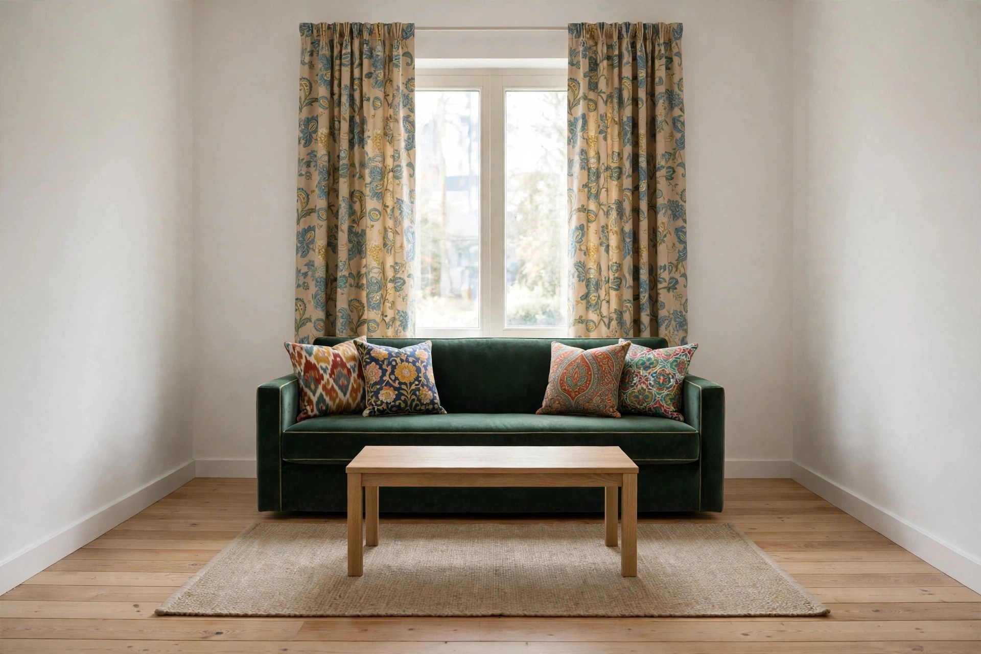 Same living room with coordinated patterned furnishing