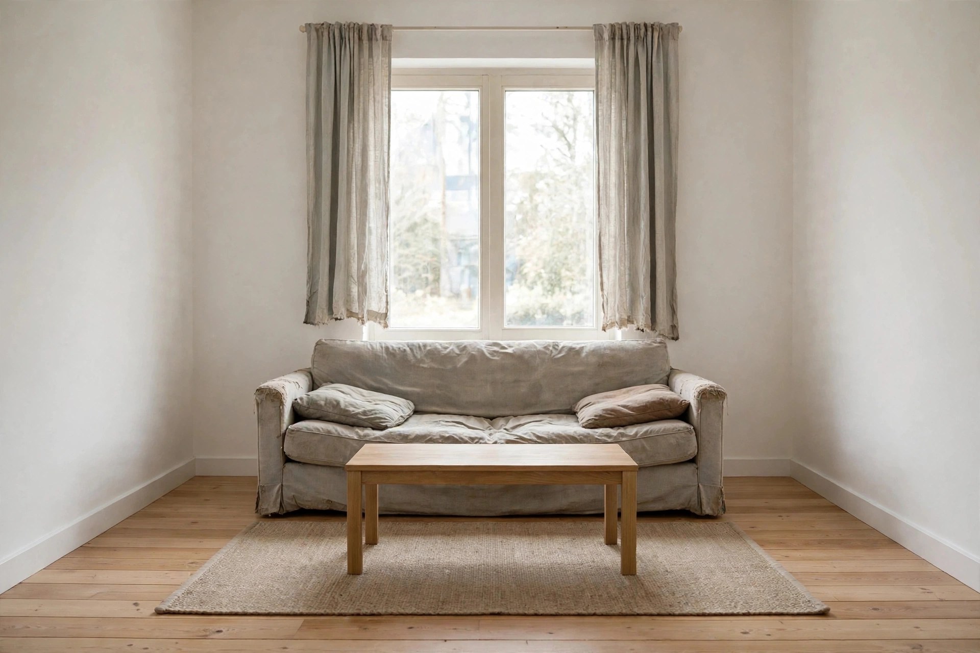 Plain living room with mismatched old furnishing